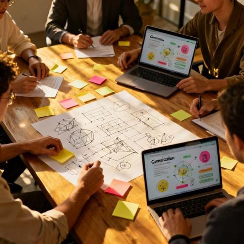 Team collaboration session planning gamification strategy with sticky notes and wireframes