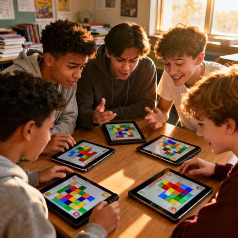 Students collaborating on educational game-based project with visible excitement and engagement