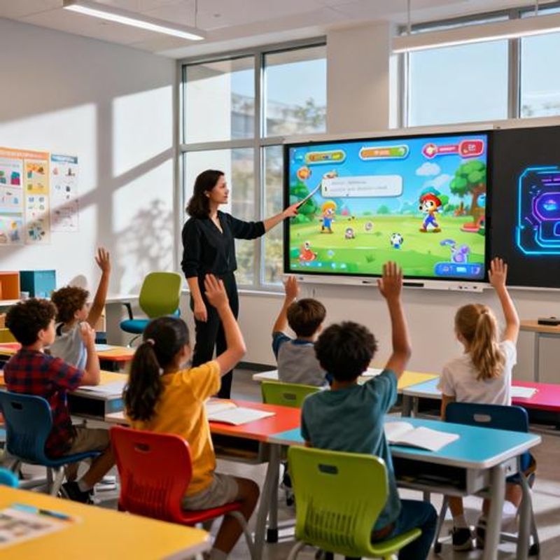 Teacher demonstrating gamified lesson to attentive students