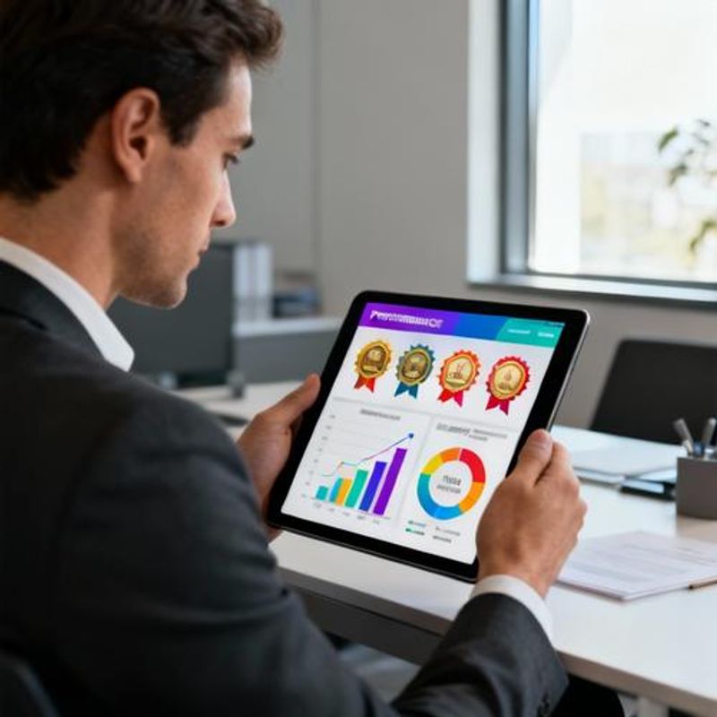 Professional reviewing gamification results on tablet with charts and graphs