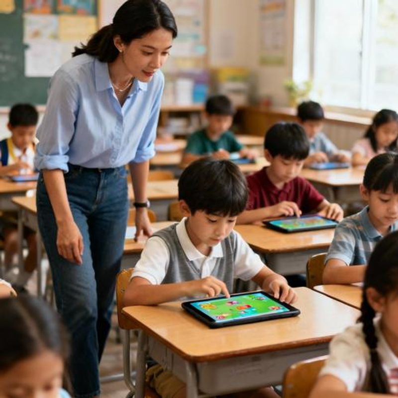 Teacher observing students playing educational games on devices