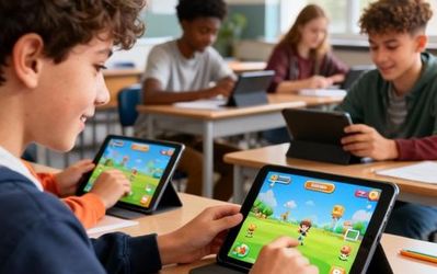 Students engaged in interactive digital learning with gamified elements on tablets and computers