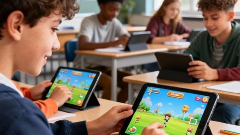 Students engaged in interactive digital learning with gamified elements on tablets and computers