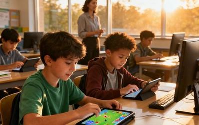 Students engaged in educational gaming activities in a modern classroom setting