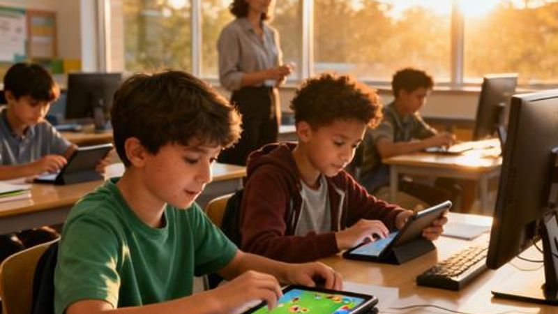 Students engaged in educational gaming activities in a modern classroom setting