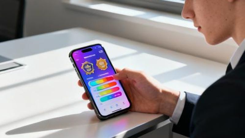 Person using smartphone app with game-like progress bars and achievement badges for learning