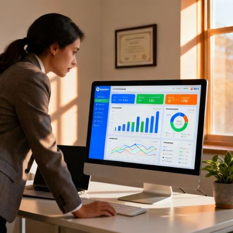 Teacher analyzing student engagement data dashboard with gamification metrics