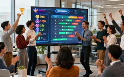 Professional team celebrating achievement with digital leaderboard in modern office