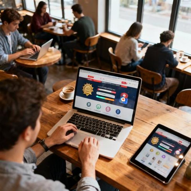 Diverse group of people shopping online with visible reward notifications and achievement badges