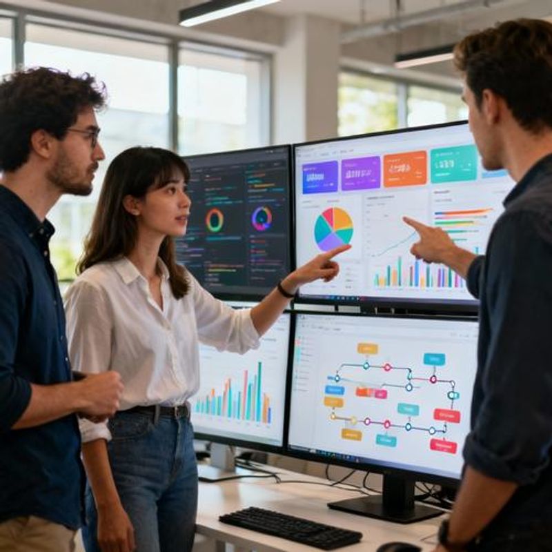 Developer team reviewing gamification analytics and student engagement metrics on multiple screens