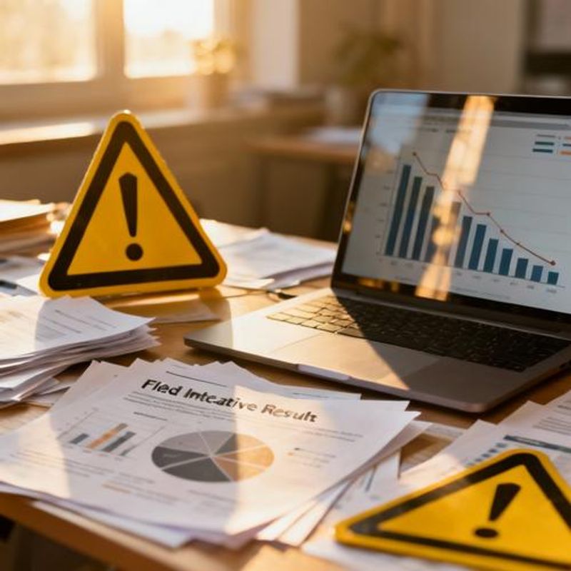 Warning signs and caution symbols on office desk with laptop showing failed gamification metrics