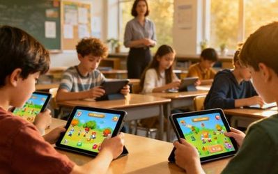 Students engaging with gamified learning platform on tablets in modern classroom