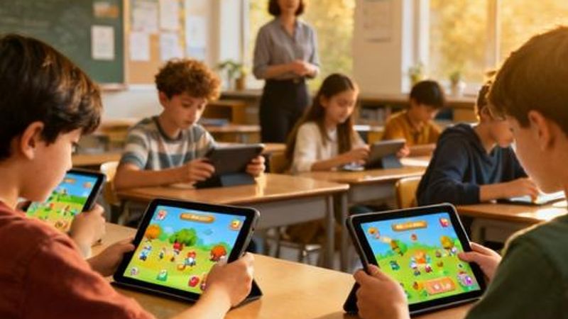 Students engaging with gamified learning platform on tablets in modern classroom