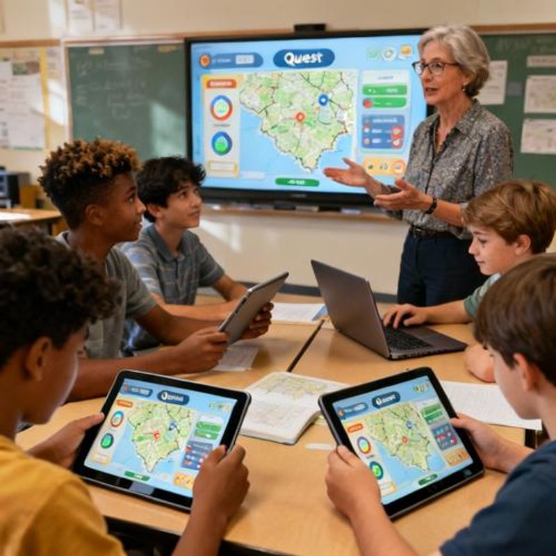 Teacher and students collaborating around tablets showing quest-based learning interface