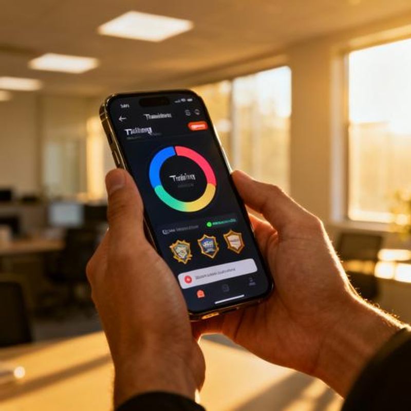 Mobile device showing gamified training progress with badges and achievements