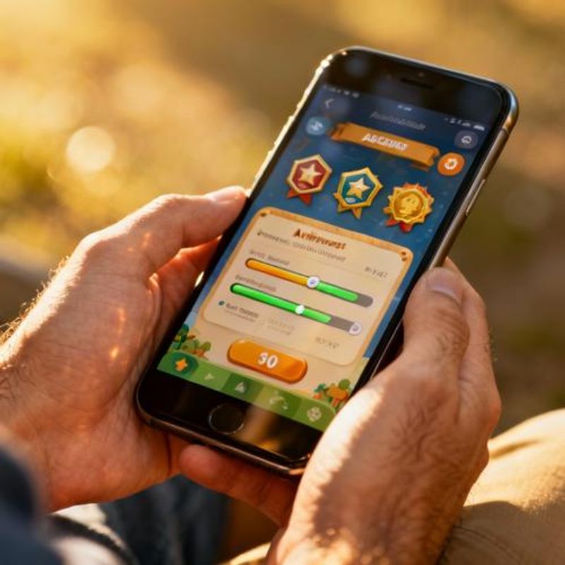 Mobile app interface showing gamified learning elements like progress bars and achievement badges