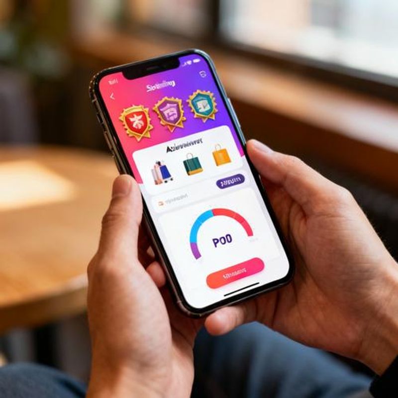 Customer using smartphone to engage with gamified shopping app showing points and achievements