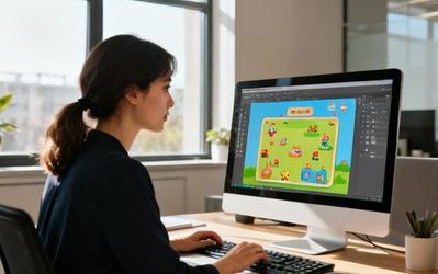 EdTech professional designing gamified learning interface on computer
