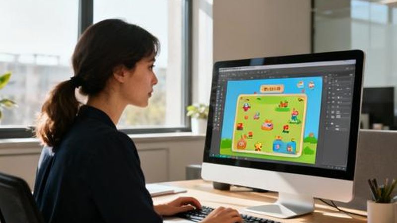 EdTech professional designing gamified learning interface on computer
