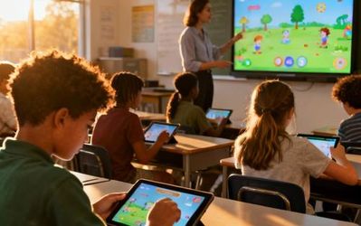 Modern classroom with students engaged in digital gamified learning activities