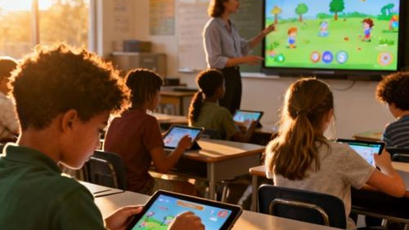 Modern classroom with students engaged in digital gamified learning activities