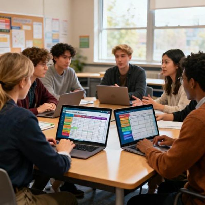 Diverse team of educators collaborating around table with gamification platform comparison charts