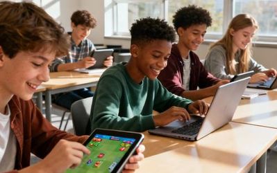 Students actively engaged with tablets and laptops using game-based learning platforms in a modern classroom