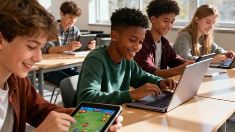 Students actively engaged with tablets and laptops using game-based learning platforms in a modern classroom