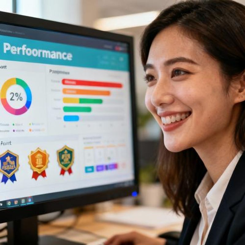 Employee looking at gamified performance dashboard with achievements and progress tracking