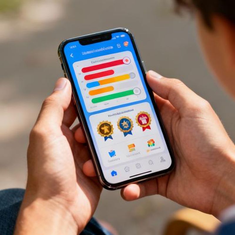 Mobile learning app interface showing gamified progress tracking and achievements