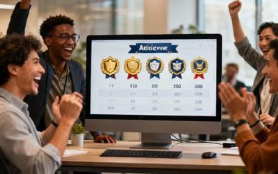 Professional team celebrating achievements in modern office environment with digital leaderboards