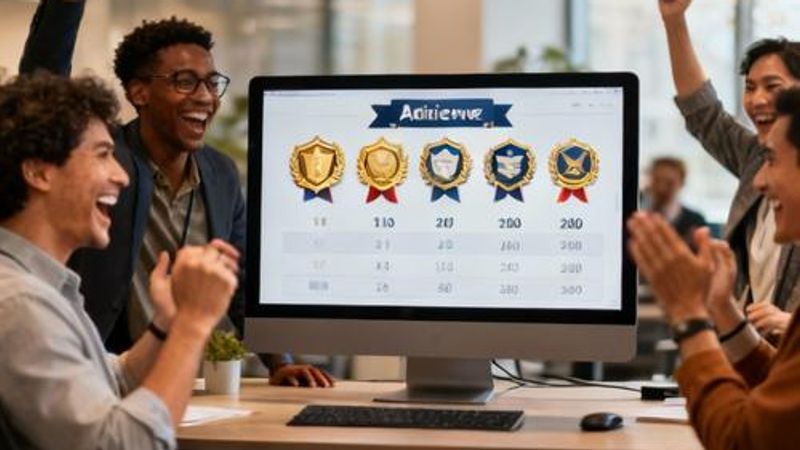 Professional team celebrating achievements in modern office environment with digital leaderboards
