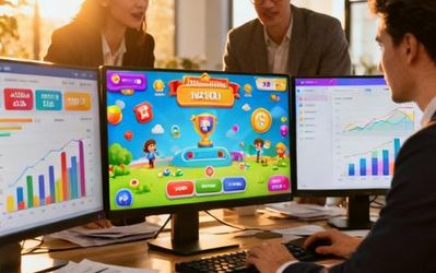 Business professionals analyzing gamified marketing dashboard with engagement metrics on modern computer screens