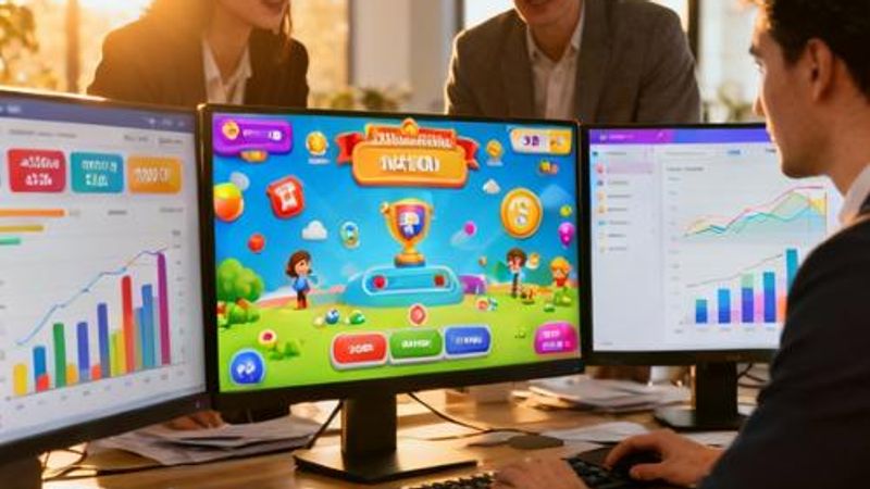 Business professionals analyzing gamified marketing dashboard with engagement metrics on modern computer screens