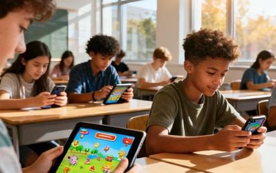 Students actively using gamified educational apps on tablets in a modern classroom setting