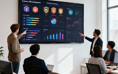 Business team analyzing customer engagement data on digital dashboard with gamification elements