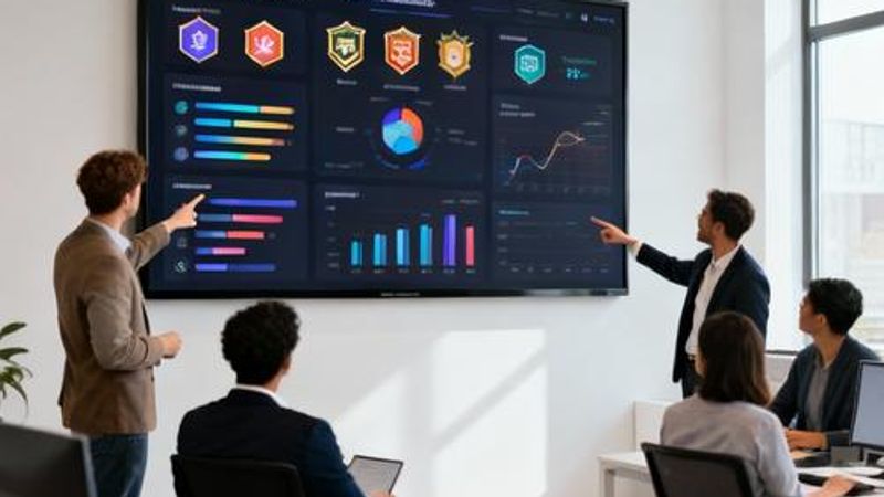 Business team analyzing customer engagement data on digital dashboard with gamification elements