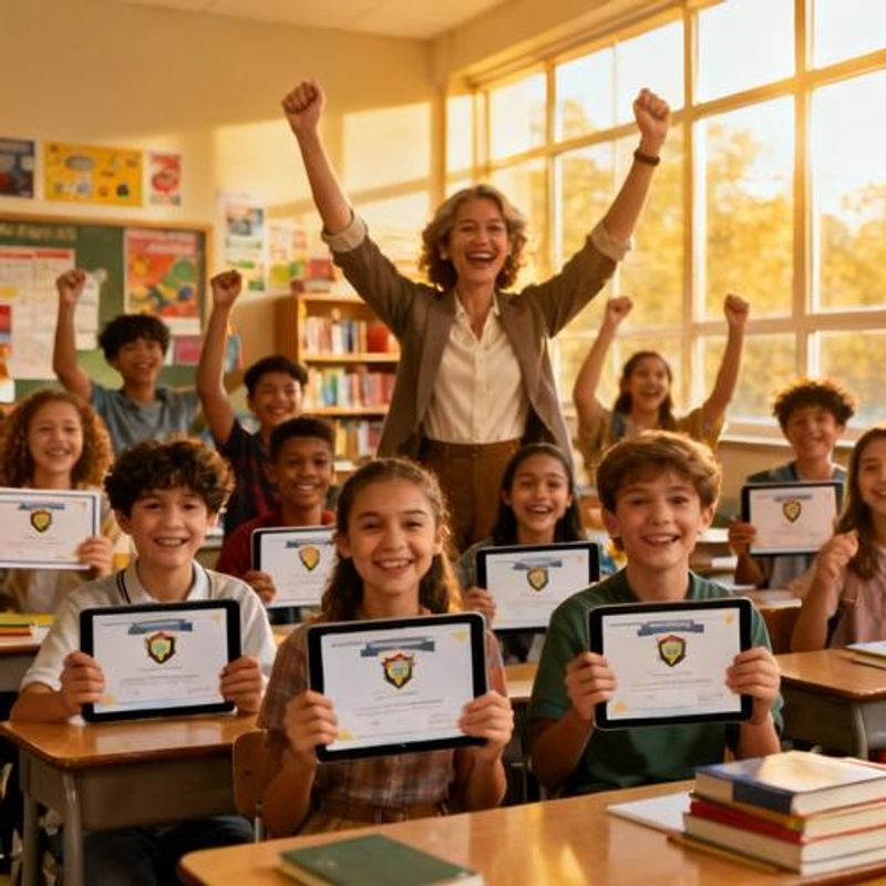 Teacher and students celebrating achievement with visible gamification elements like certificates and progress displays
