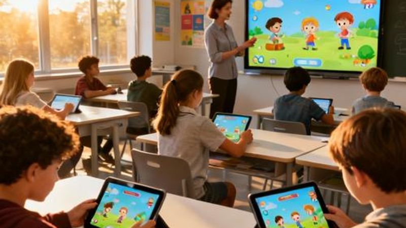 Students actively engaged with interactive educational technology in a modern classroom setting