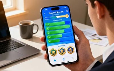 Person using smartphone with gamified personal growth app showing progress bars and achievements