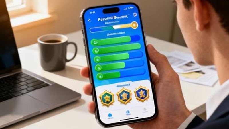 Person using smartphone with gamified personal growth app showing progress bars and achievements