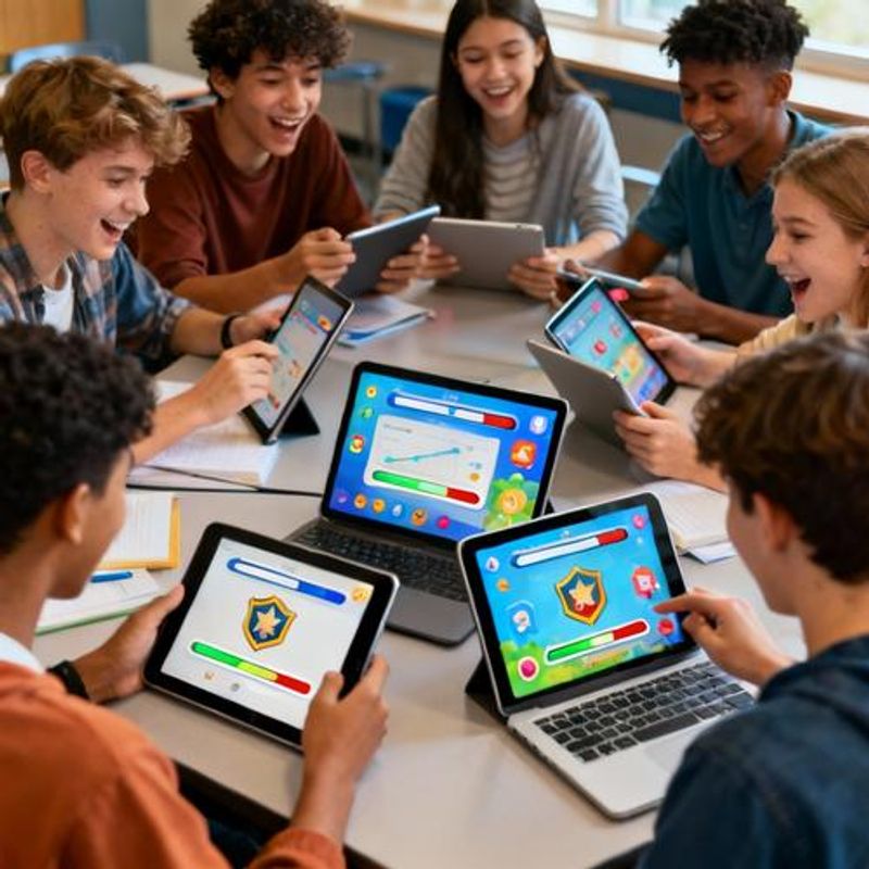 Students actively engaged with gamified learning interface showing progress bars and achievement badges