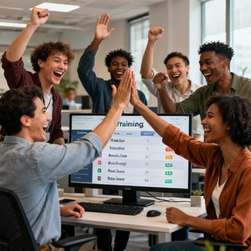 Team celebrating training achievements with leaderboard display in background