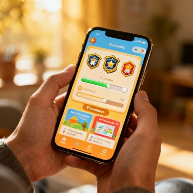 Mobile learning app interface displaying gamified lesson structure with badges and progress tracking