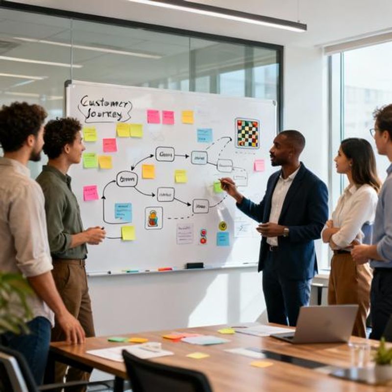Marketing team brainstorming gamification strategies on whiteboard