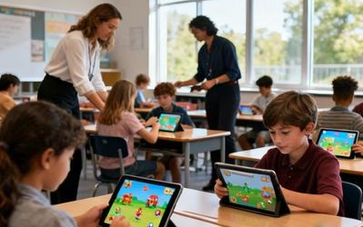 Teachers and students engaged in interactive digital learning with tablets and educational games in a modern classroom