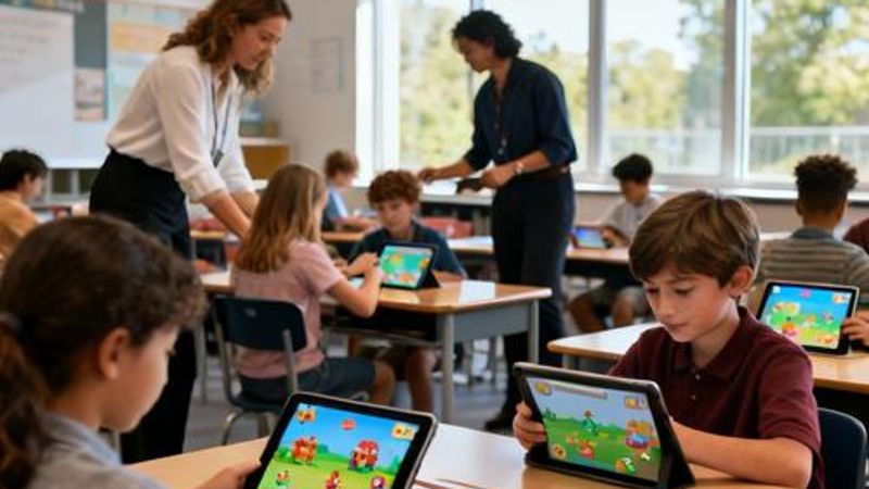 Teachers and students engaged in interactive digital learning with tablets and educational games in a modern classroom