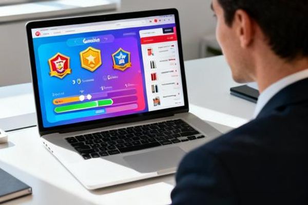 Business owner analyzing ecommerce gamification dashboard on laptop with shopping icons and reward elements