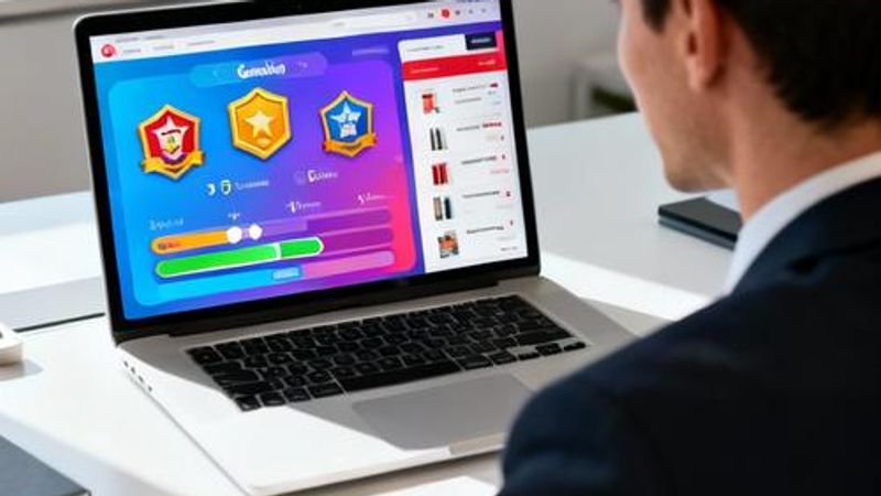 Business owner analyzing ecommerce gamification dashboard on laptop with shopping icons and reward elements