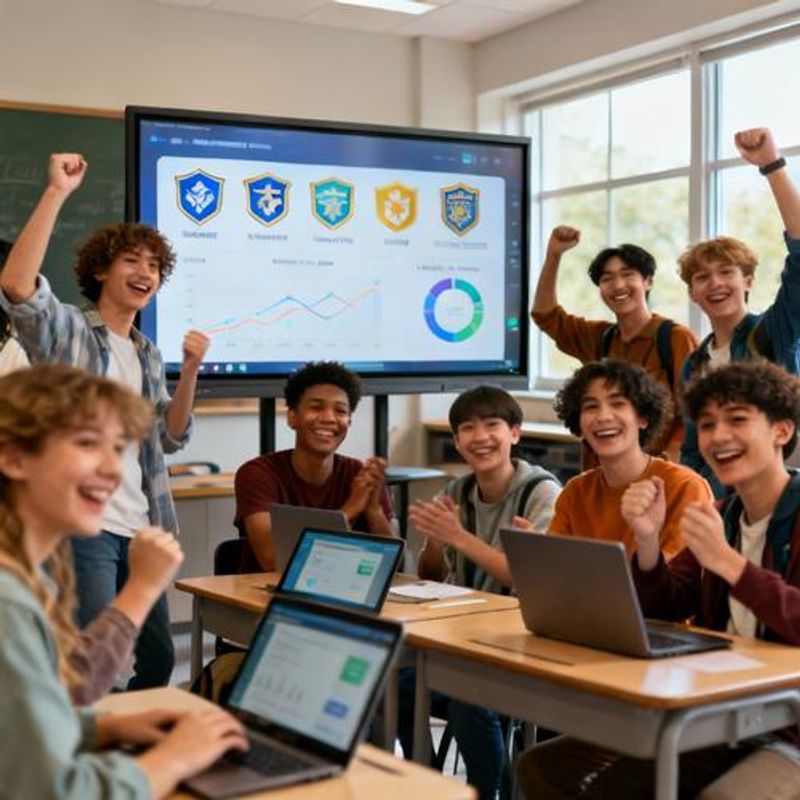 Group of students celebrating achievement with digital badges displayed on screen